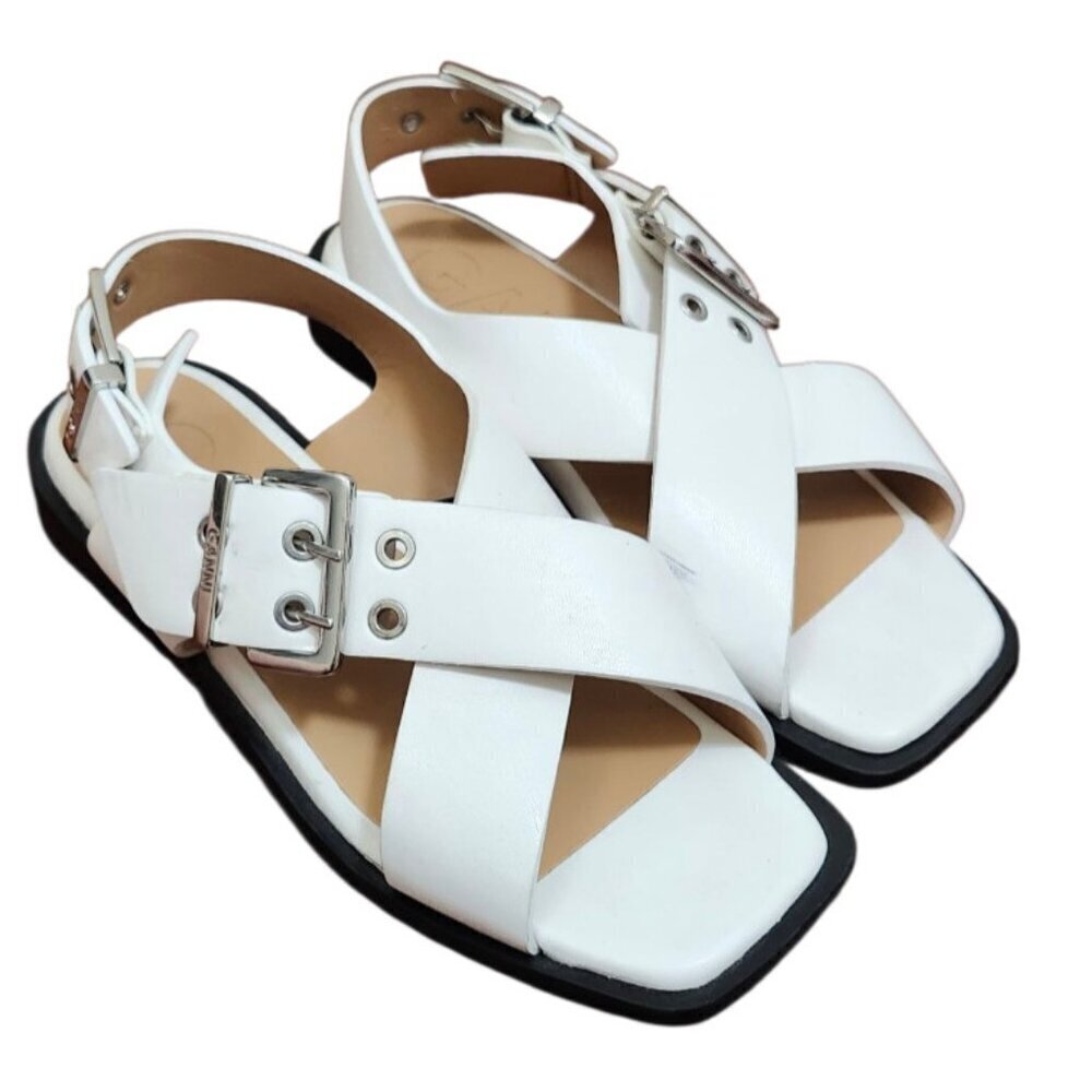 Ganni White Leather Criss Cross Sandals Square Toe Buckle Slingback Sz 40 / 10
